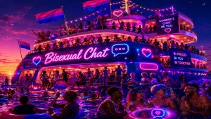 Bi chat cruise scene with glowing pride lights, bi flags, and people connecting in a social setting