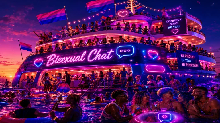 Bi chat cruise scene with glowing pride lights, bi flags, and people connecting in a social setting