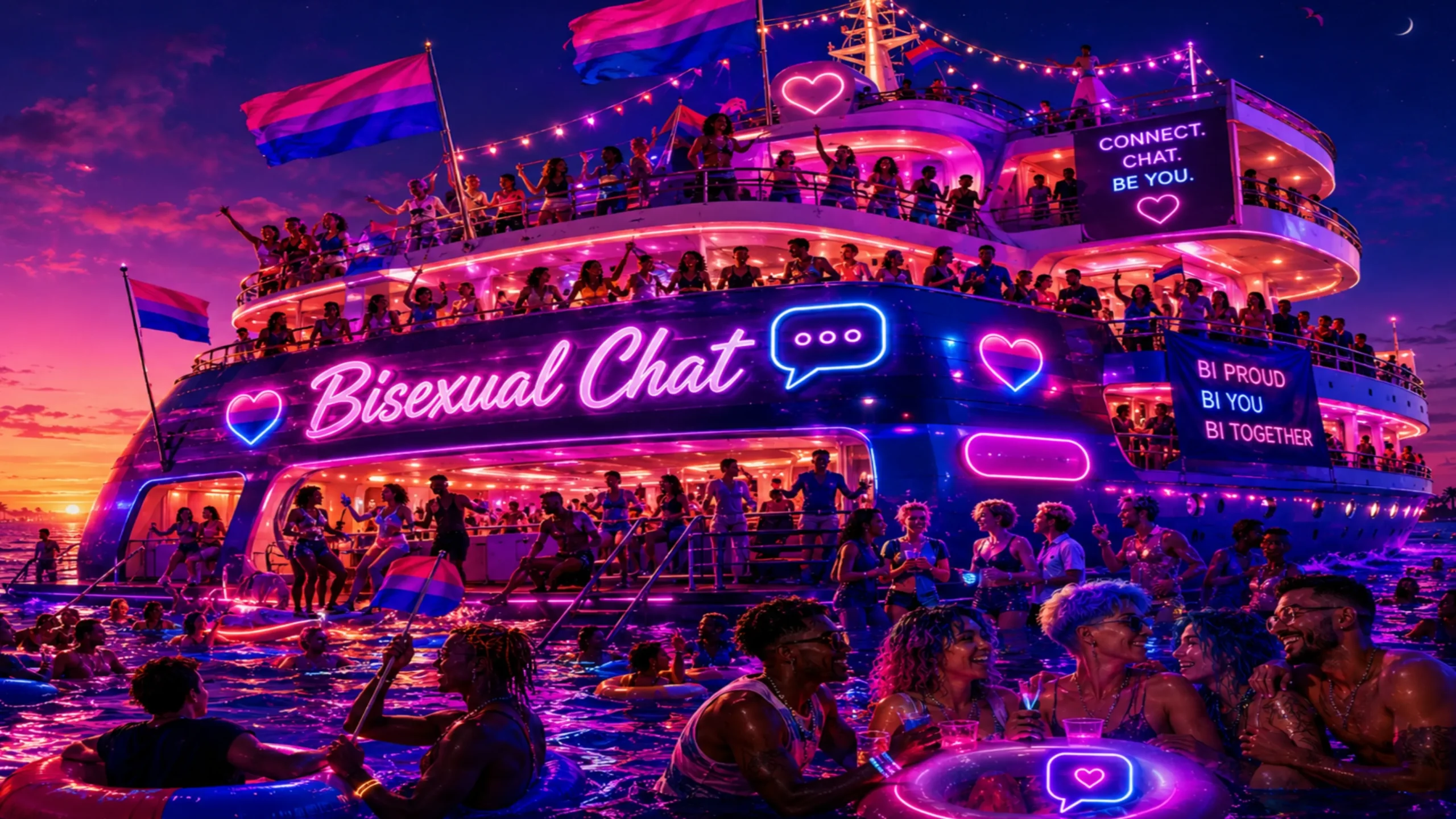 Bi chat cruise scene with glowing pride lights, bi flags, and people connecting in a social setting