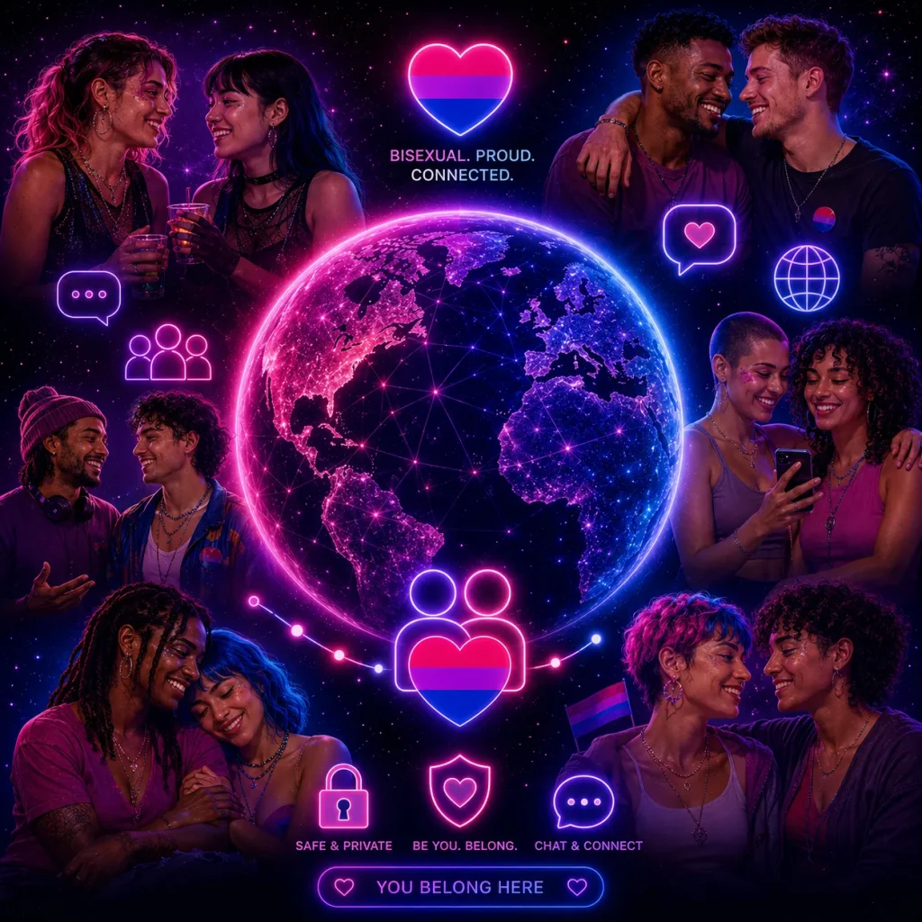 Bisexual chat global connection image with bi pride colors, diverse people, chat icons, and a glowing digital earth