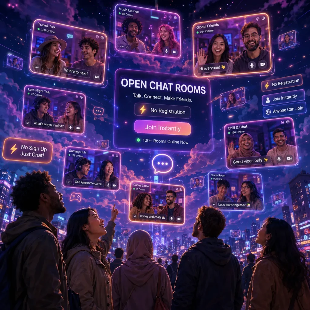 Chat rooms with no registration concept showing glowing online chat rooms floating in the sky above a city crowd