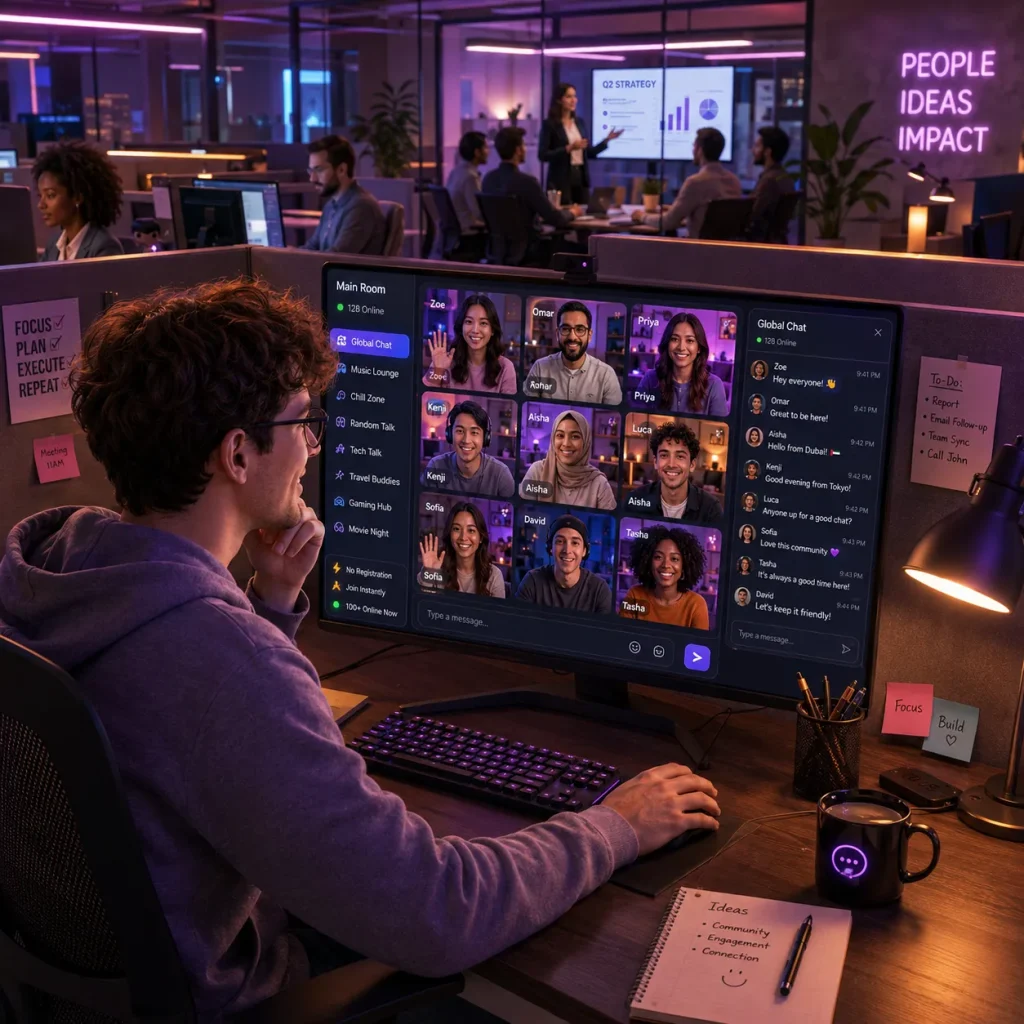 Chat rooms with no registration office scene showing a man joining group chat rooms from his work cubicle with live video panels and chat messages