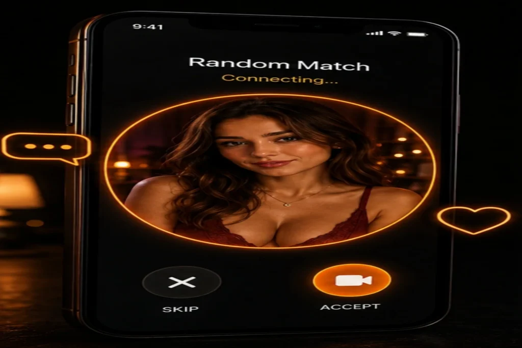 Chat with random girls through an instant mobile video match interface with glowing OilyCam-style design