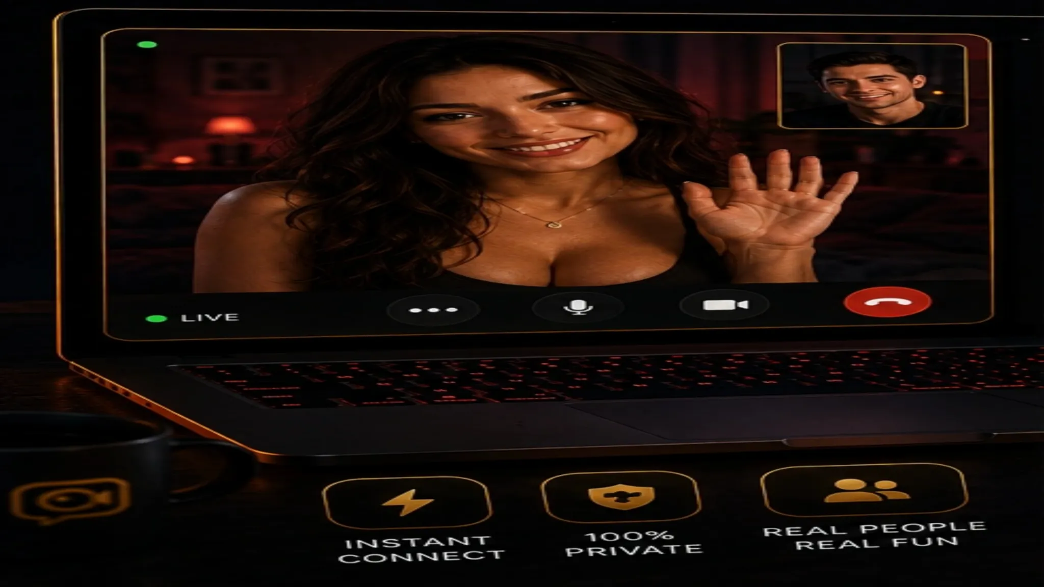 Chat with random girls in a cozy late-night laptop call with black gold OilyCam-inspired styling