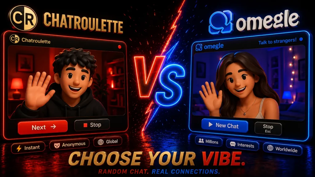 Split-screen Chatroulette vs Omegle image showing random video chat options