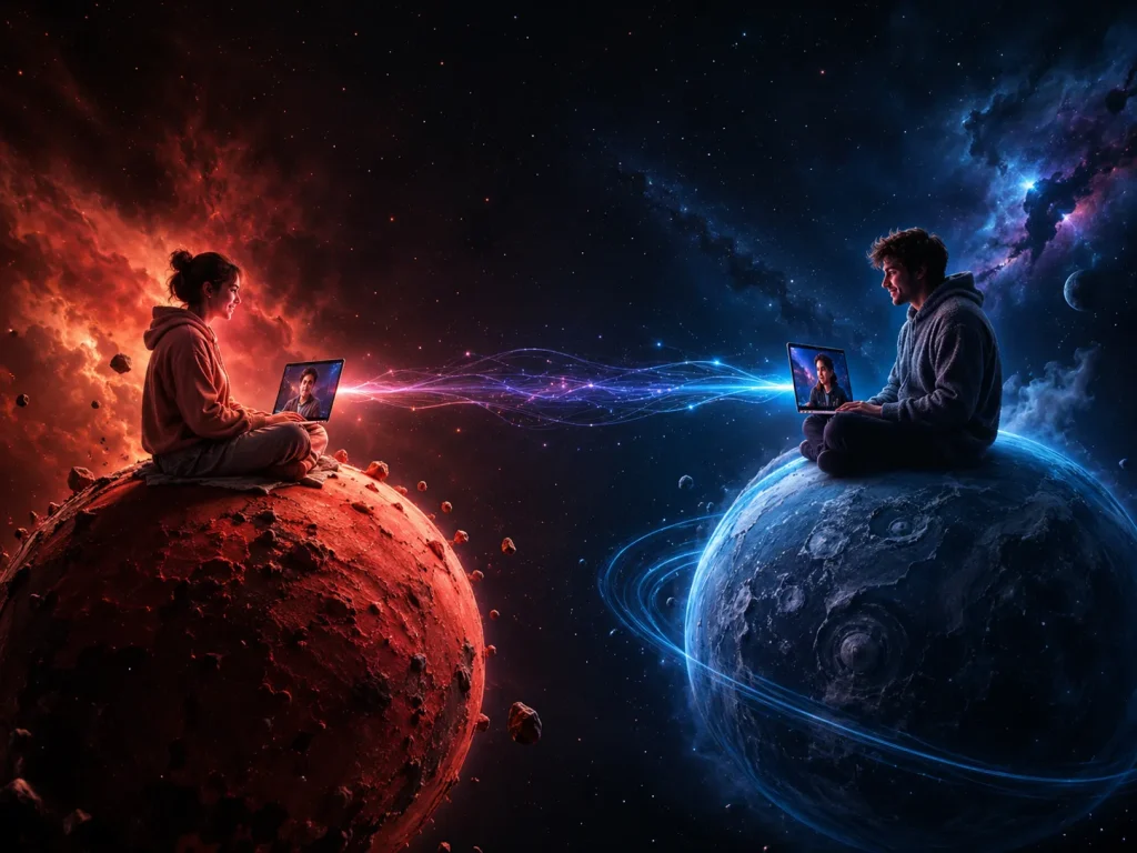 Video call strangers scene with a woman on a plane chatting to a man on her laptop above the clouds