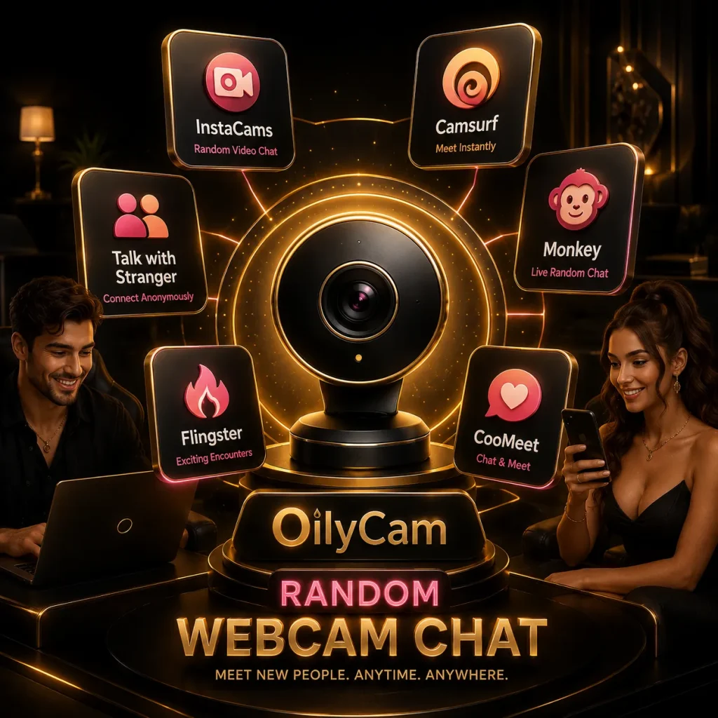 Random webcam chat concept with a central webcam, app-style tiles, and black and gold OilyCam-inspired design