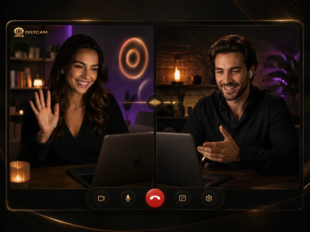 Free 1 on 1 video call on a dark OilyCam-style laptop screen with two people chatting online