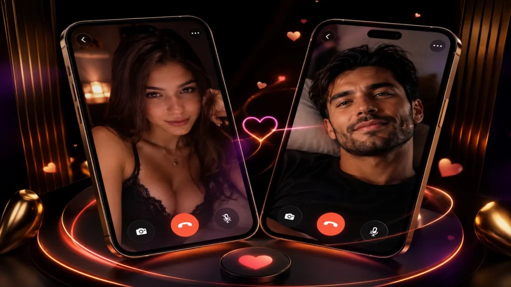 Free one-on-one video call shown through two mobile screens with glowing hearts and black gold styling