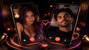 Free one-on-one video call shown through two mobile screens with glowing hearts and black gold styling