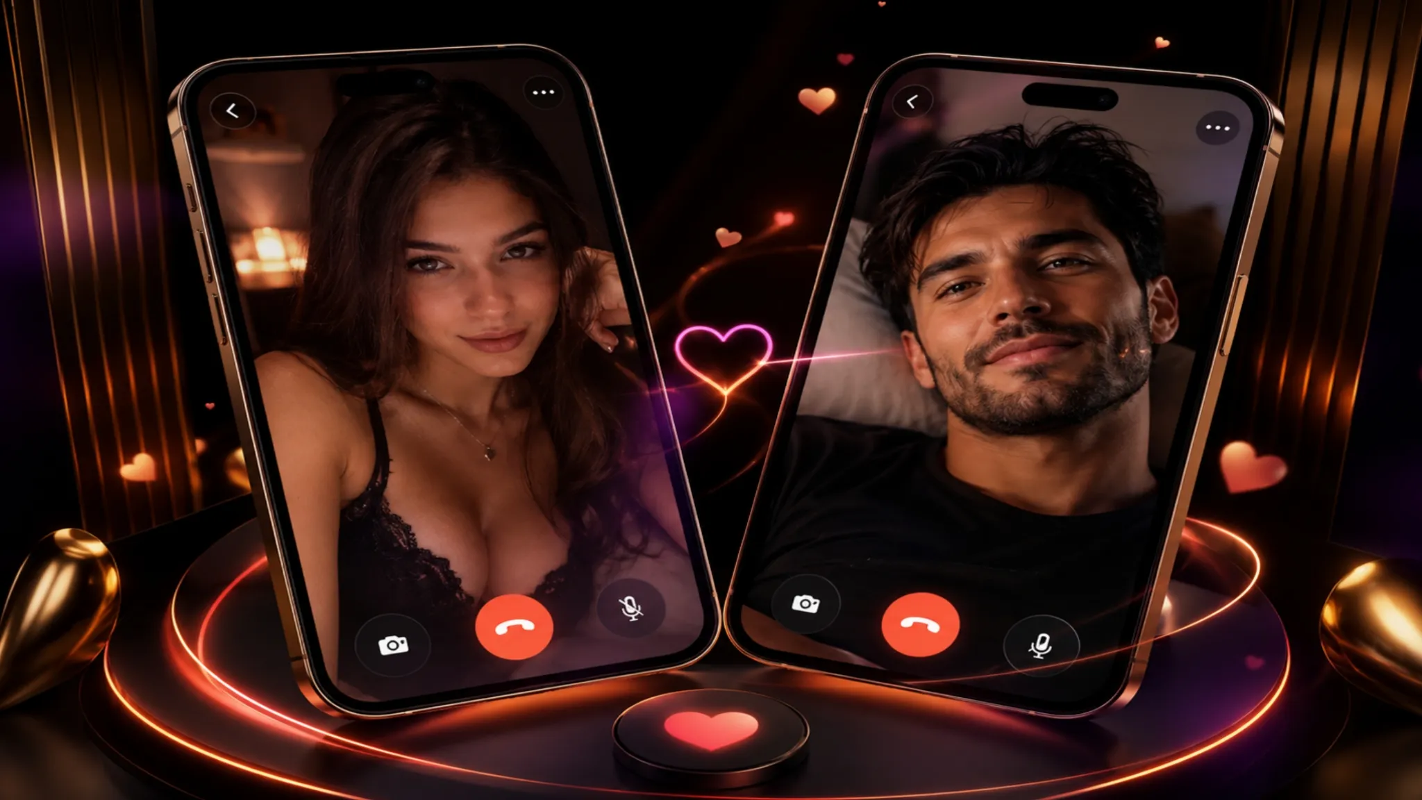 Free one-on-one video call shown through two mobile screens with glowing hearts and black gold styling