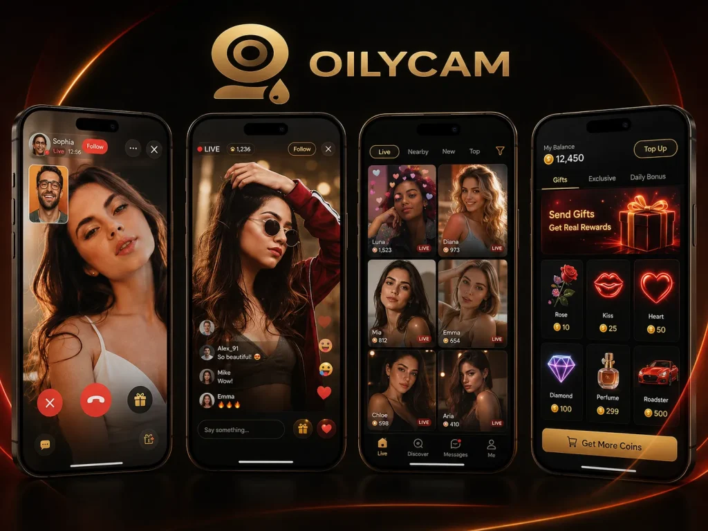 Free cam to cam chat app screens with OilyCam-style black gold design and live video features