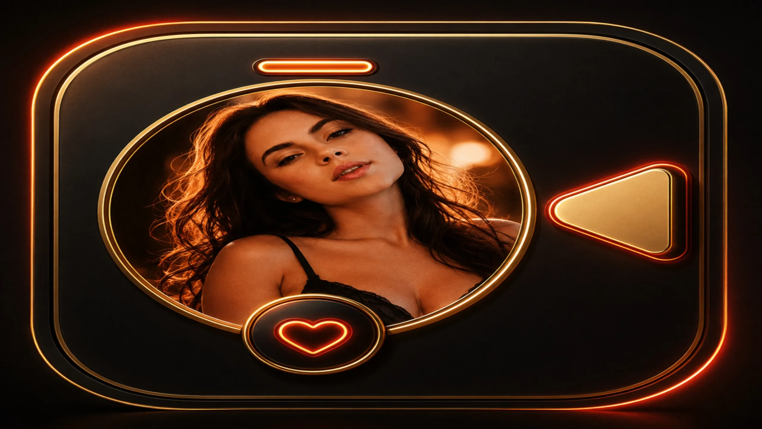 Free cam to cam chat icon with dark OilyCam-inspired theme, gold trim, and glowing video button