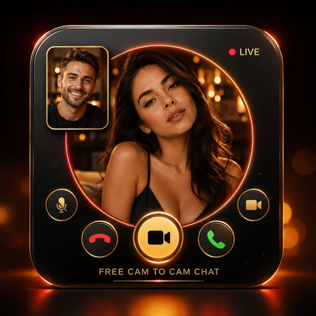 Free cam to cam chat interface showing a live video call with premium black gold styling