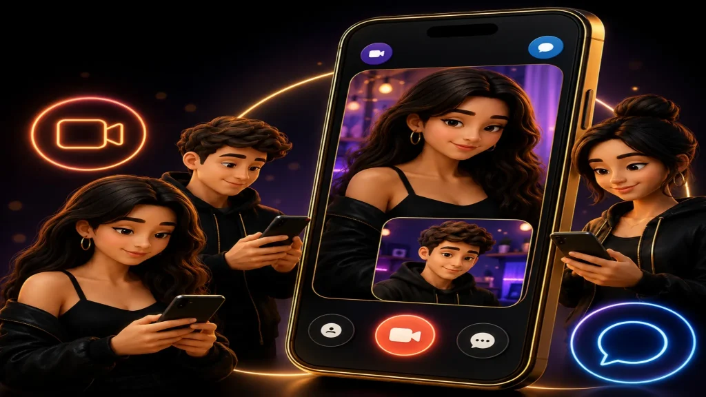 Best free video call app to chat with a random girl shown through a glossy OilyCam-style phone interface with two women and one man