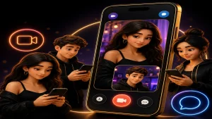 Best free video call app to chat with a random girl shown through a glossy OilyCam-style phone interface with two women and one man