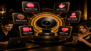 Free chat app with strangers concept showing a central webcam, chat icons, and black and gold OilyCam-style app features