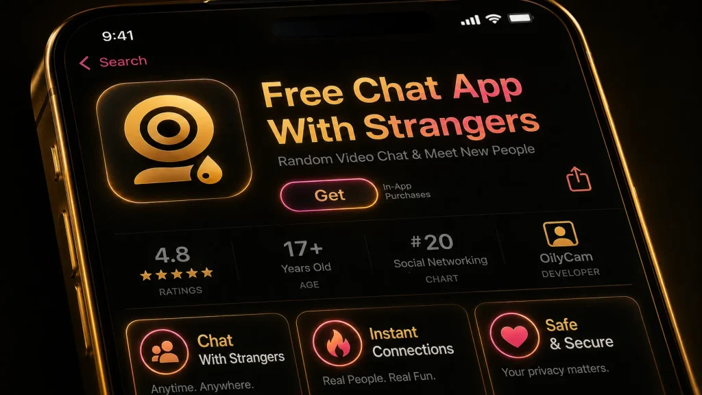 Free chat app with strangers preview on a smartphone screen with a gold OilyCam-style logo and app store layout