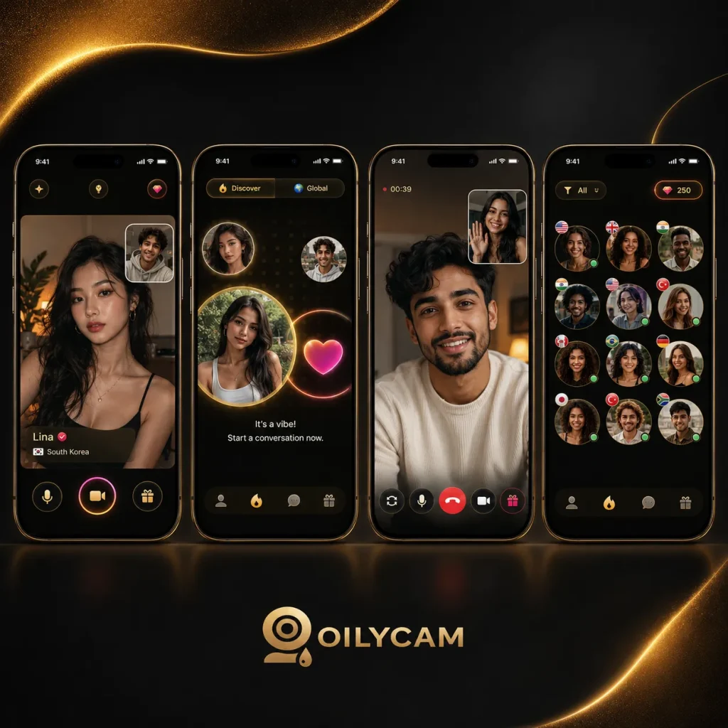 Free chat app with strangers mobile interface showing video chat screens, global profiles, and premium black and gold design