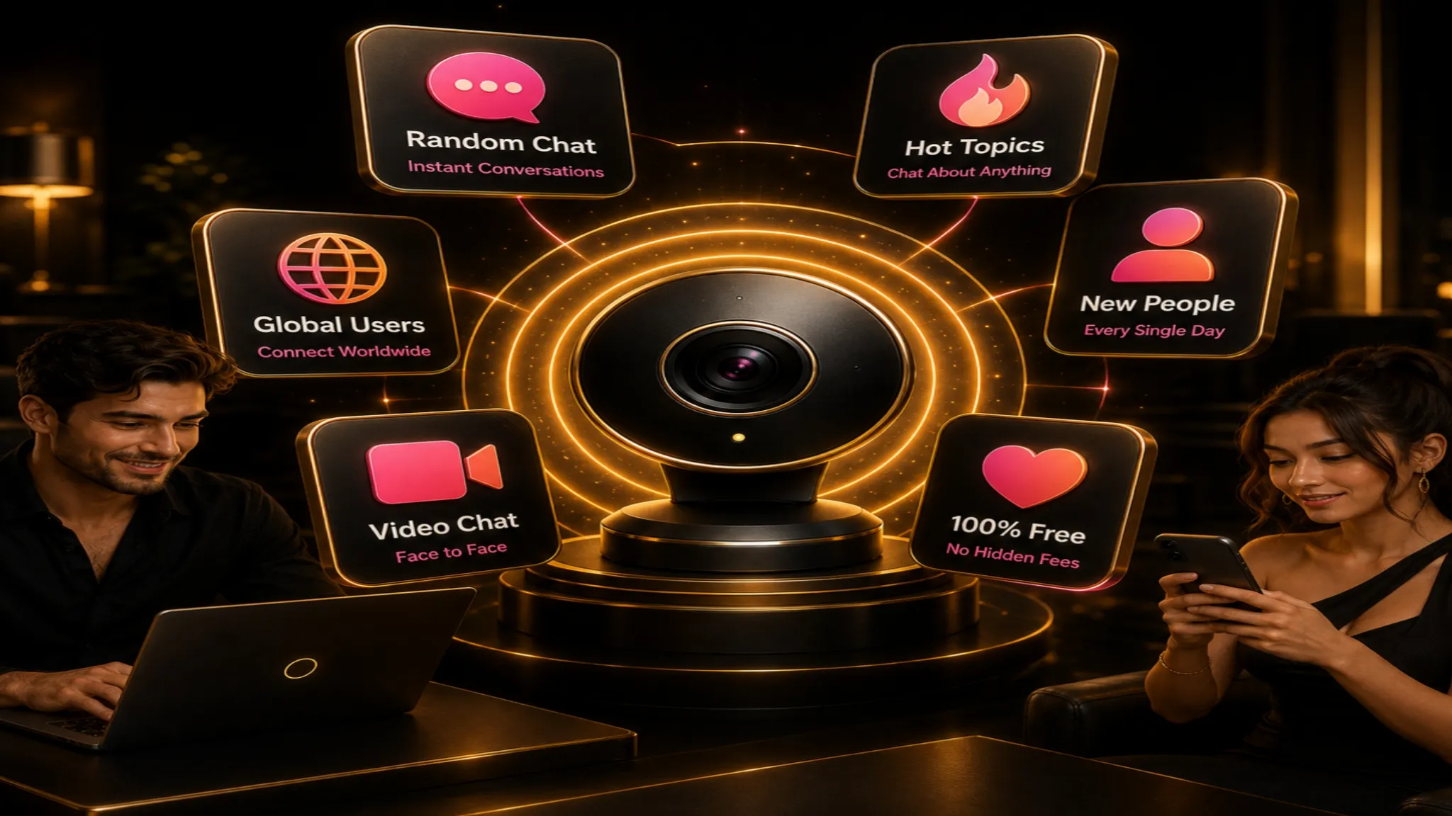 Free chat app with strangers concept showing a central webcam, chat icons, and black and gold OilyCam-style app features