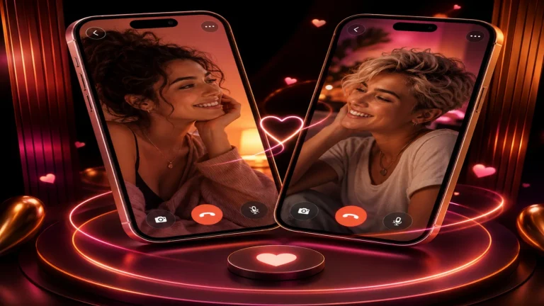 Free lesbian chat image showing two women connecting through phones with warm neon hearts and OilyCam-style lighting