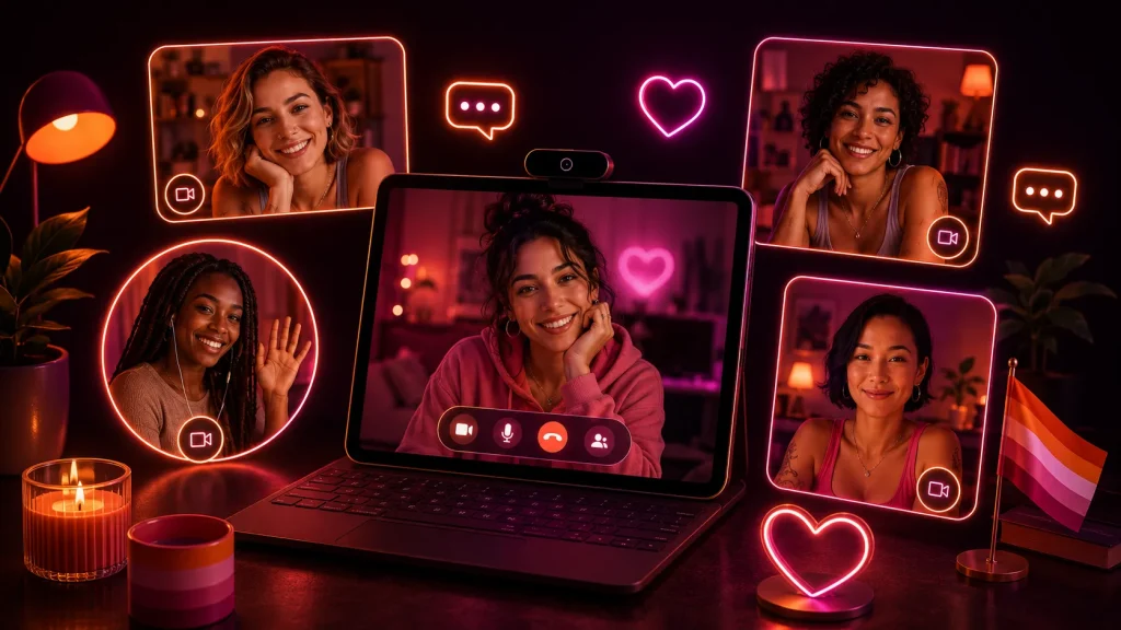 Free lesbian chat video call scene with multiple women on laptop and mobile screens in a pink and orange neon setup