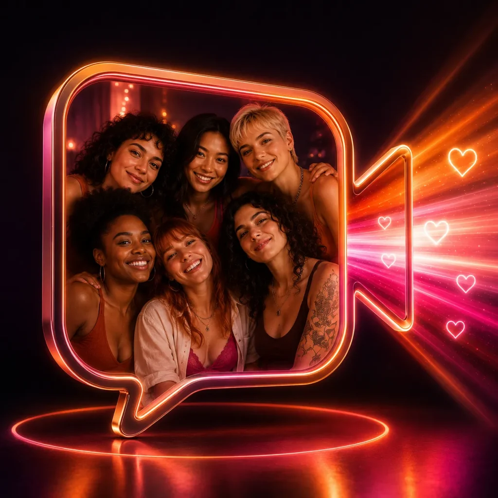 Free lesbian chat concept with women inside a glowing video camera frame and soft lesbian flag-inspired colors