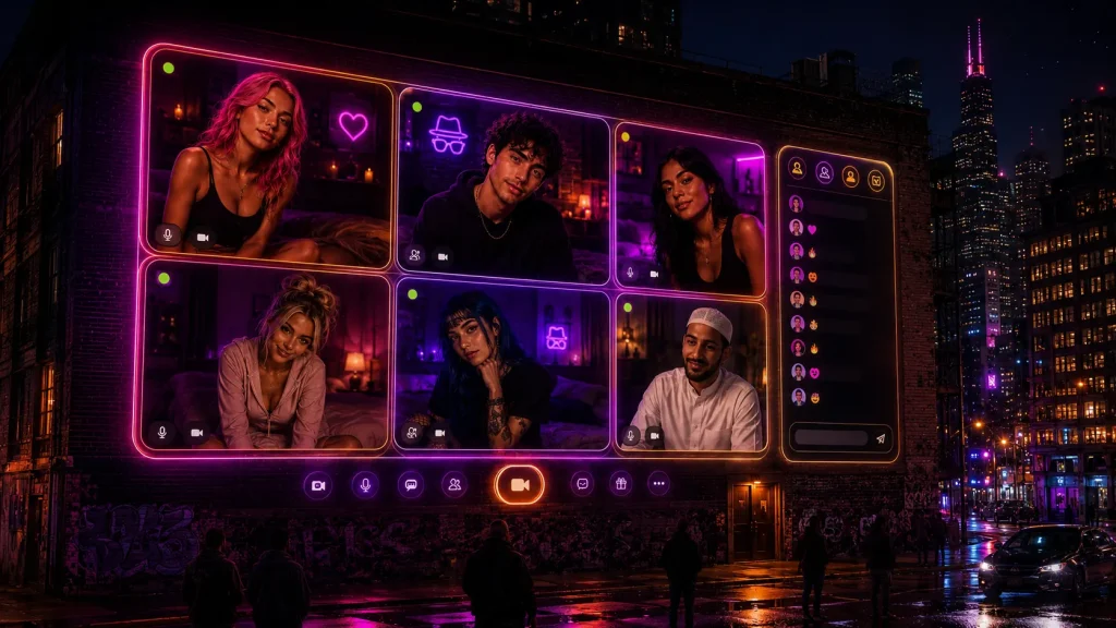 Free online chat rooms displayed on a city building screen with live chat panels, profile windows, and pink-orange neon accents