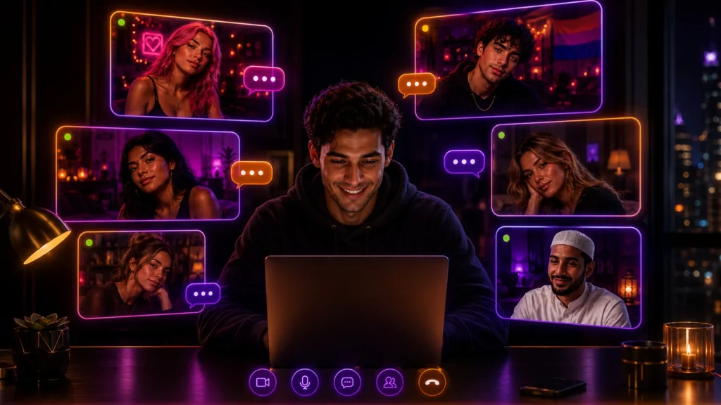 Free online chat rooms scene with a man using a laptop to join multiple video chat windows in a dark neon room