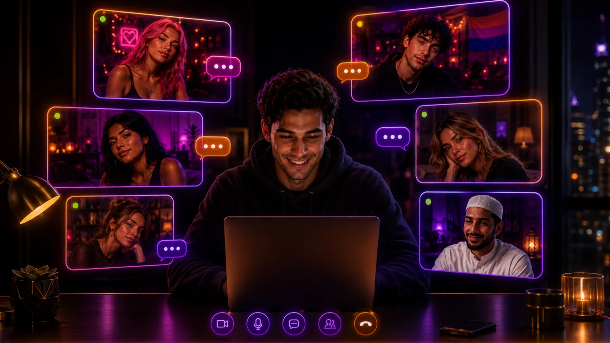 Free online chat rooms scene with a man using a laptop to join multiple video chat windows in a dark neon room