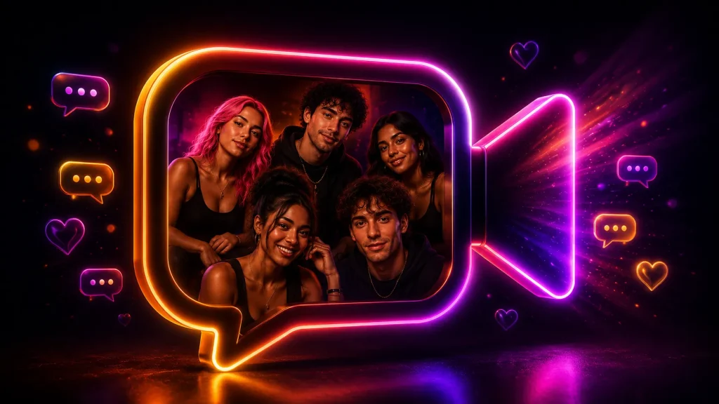 Free online chat rooms concept with a glowing video chat icon, group chat faces, and OilyCam-style neon lighting