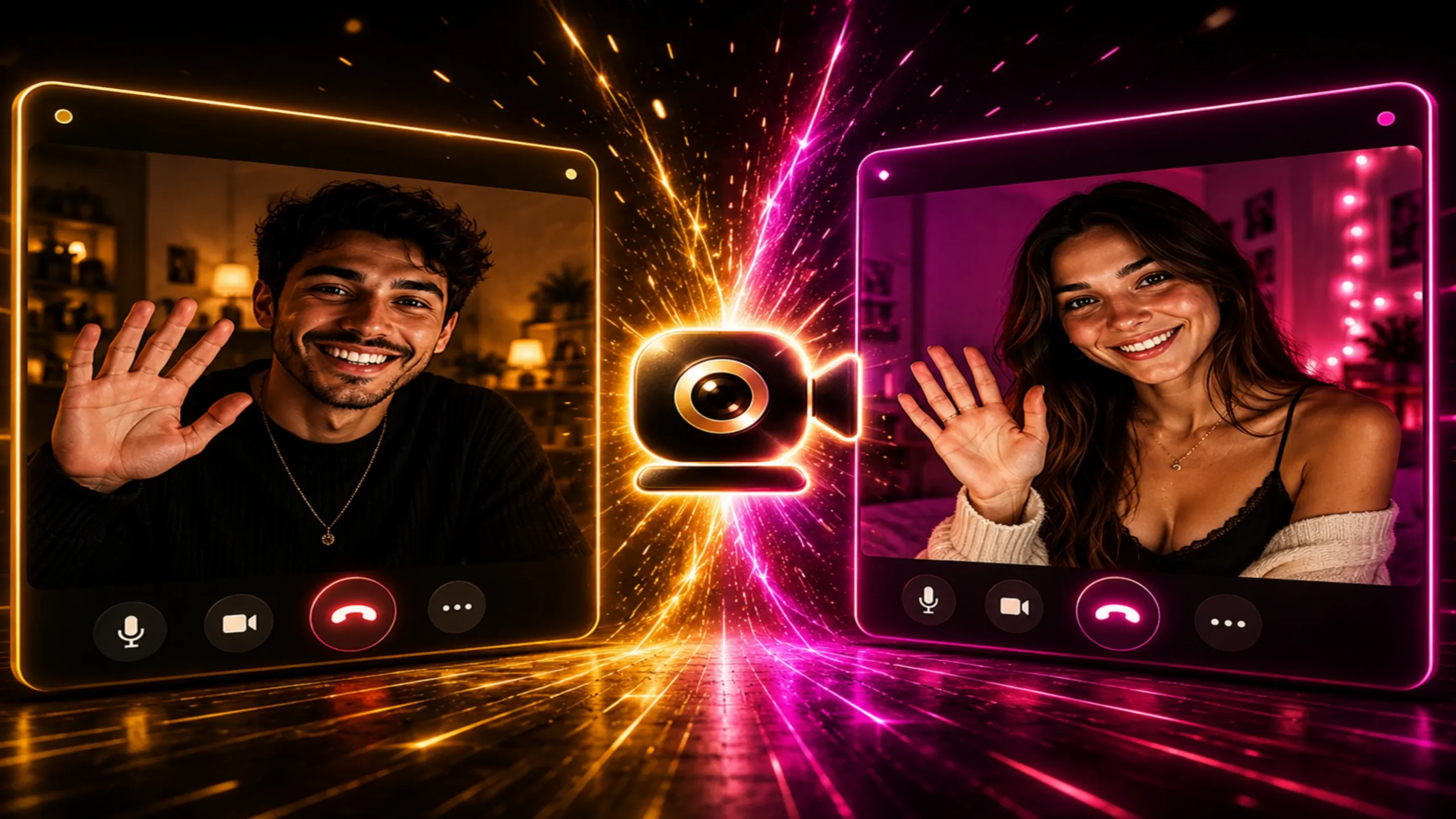 Free random chat video call with two strangers connecting through neon OilyCam-style screens