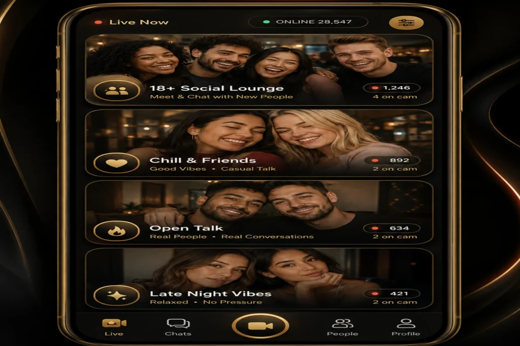 Free random video chat with strangers mobile app mockup with dark OilyCam theme, live rooms, and video call features