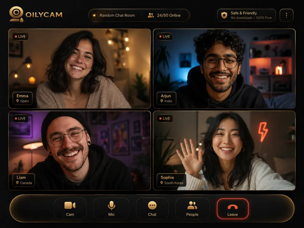 Free random video chat with strangers on an OilyCam-style live room interface with global users and black gold design