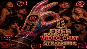 Free random video chat with strangers shown through a glossy OilyCam-inspired hand sign, dark neon lighting, gold accents, and chat icons.