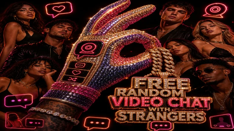 Free random video chat with strangers shown through a glossy OilyCam-inspired hand sign, dark neon lighting, gold accents, and chat icons.