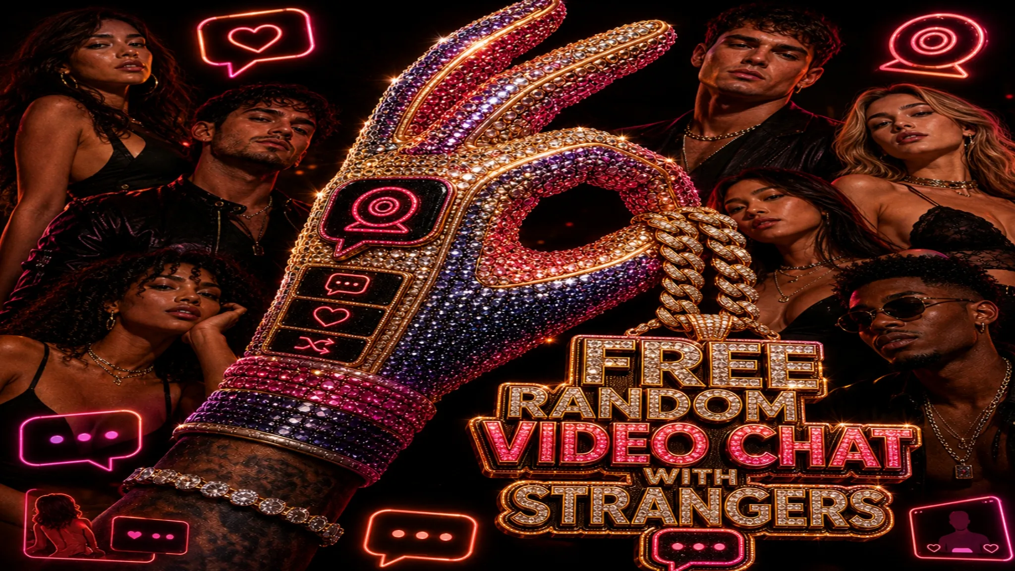 Free random video chat with strangers shown through a glossy OilyCam-inspired hand sign, dark neon lighting, gold accents, and chat icons.