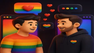 Gay cam chat image with two gay men smiling together, rainbow speech bubbles, and a colorful LGBTQ-themed background
