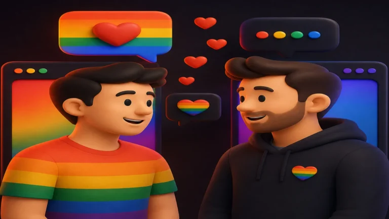 Gay cam chat image with two gay men smiling together, rainbow speech bubbles, and a colorful LGBTQ-themed background