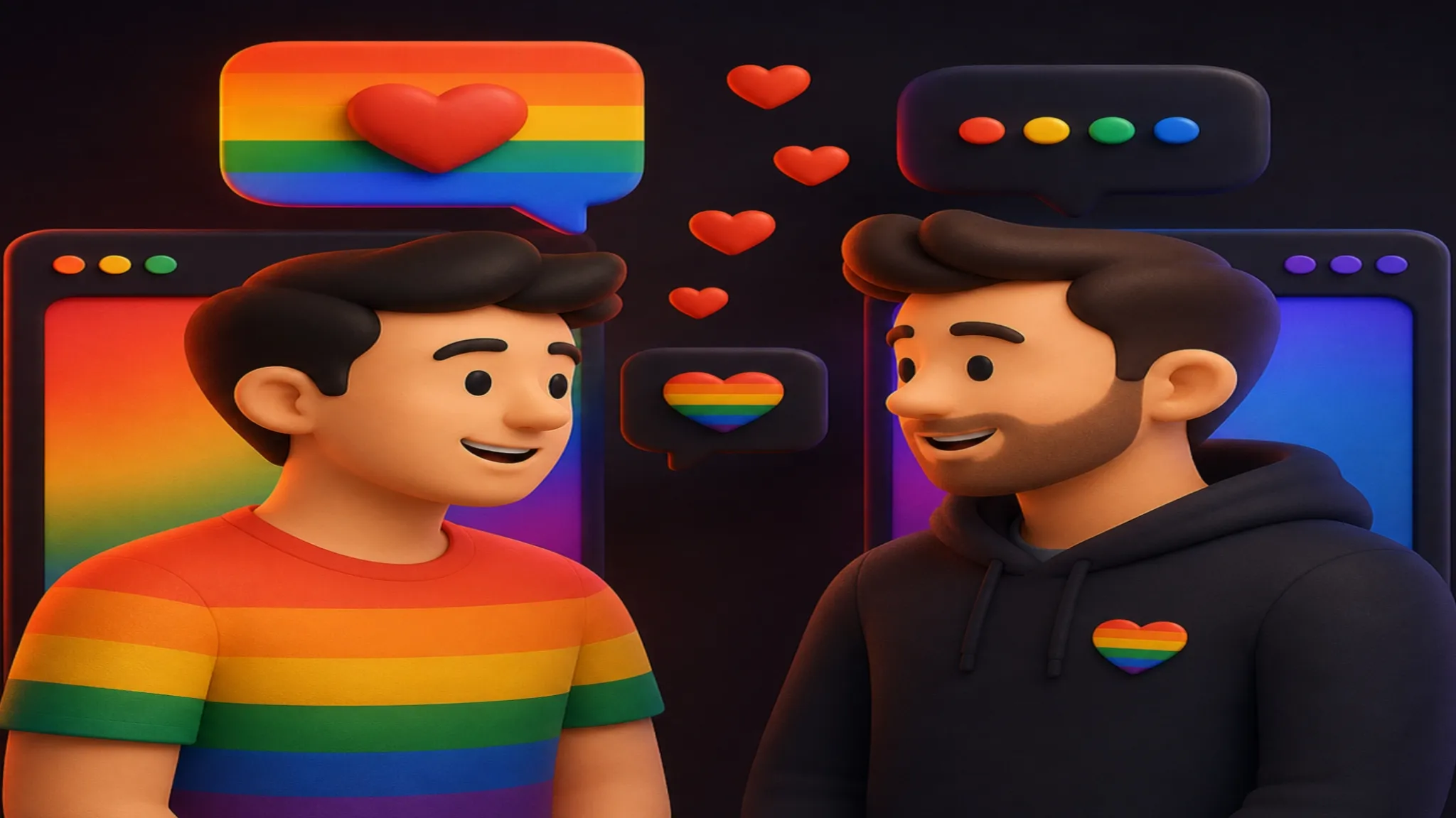 Gay cam chat image with two gay men smiling together, rainbow speech bubbles, and a colorful LGBTQ-themed background