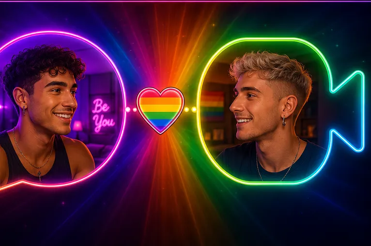 Gay cam 3D illustration showing two men connecting through a phone and laptop with rainbow pride colors and heart icons