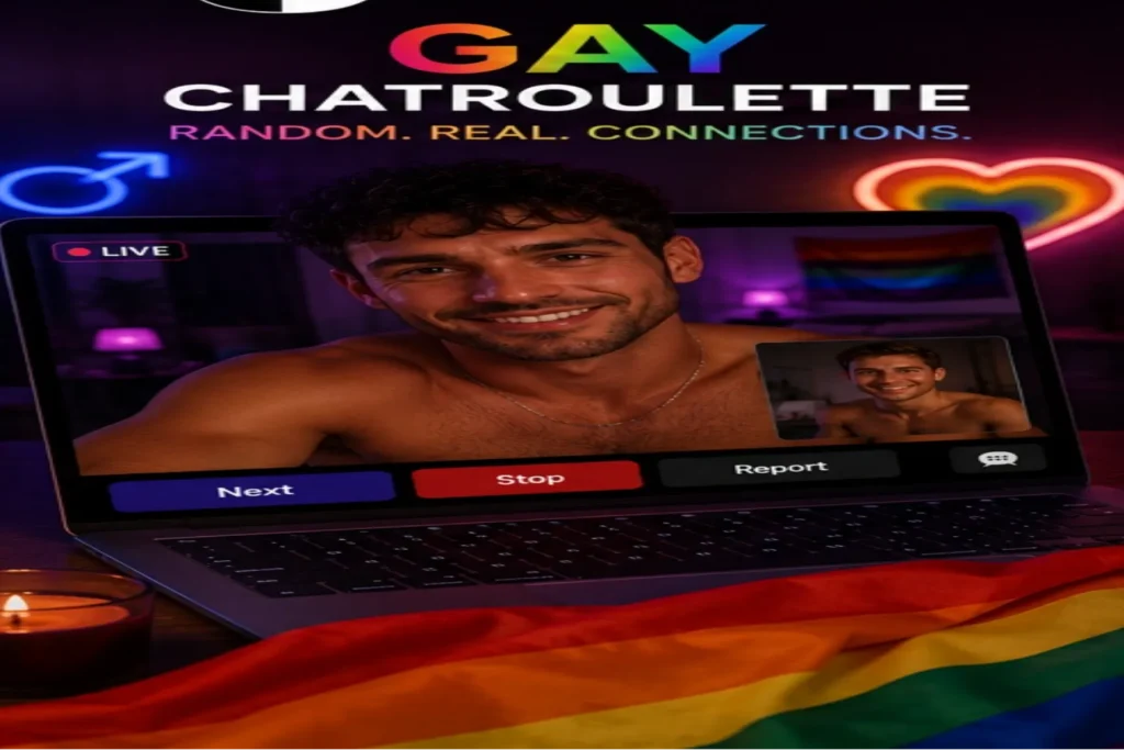 Gay Chatroulette video chat screen with a man using a laptop in a colorful LGBTQ-themed room