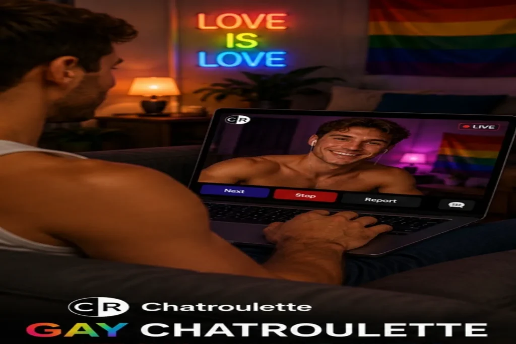 Gay Chatroulette scene with two men chatting online in a neon LGBTQ video chat setting