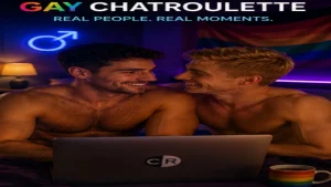 Gay Chatroulette random video call showing two men connecting through a laptop with rainbow lighting