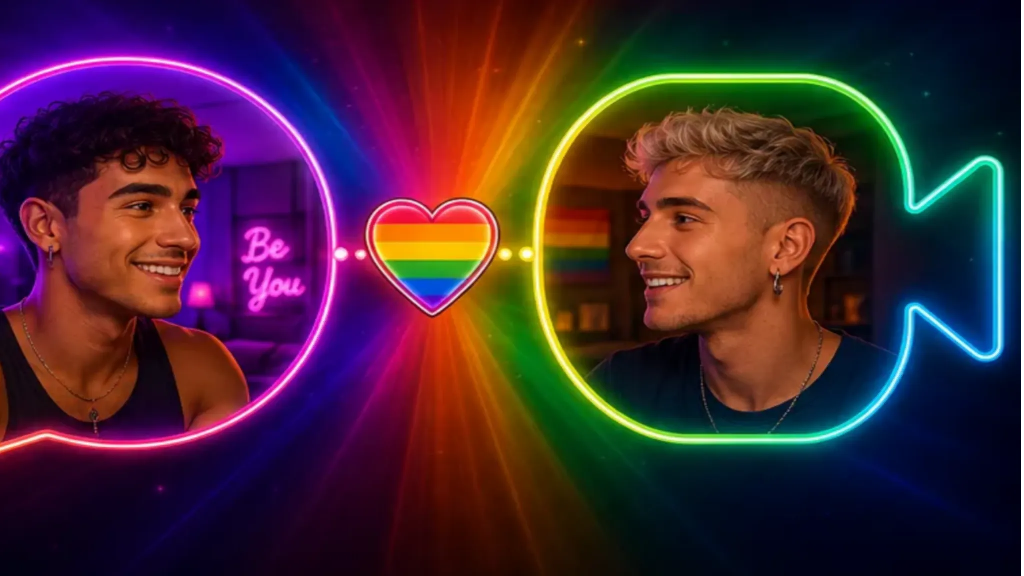 Gay zoom concept image with two men inside glowing cam icons, rainbow hearts, and a bright pride-themed video call design