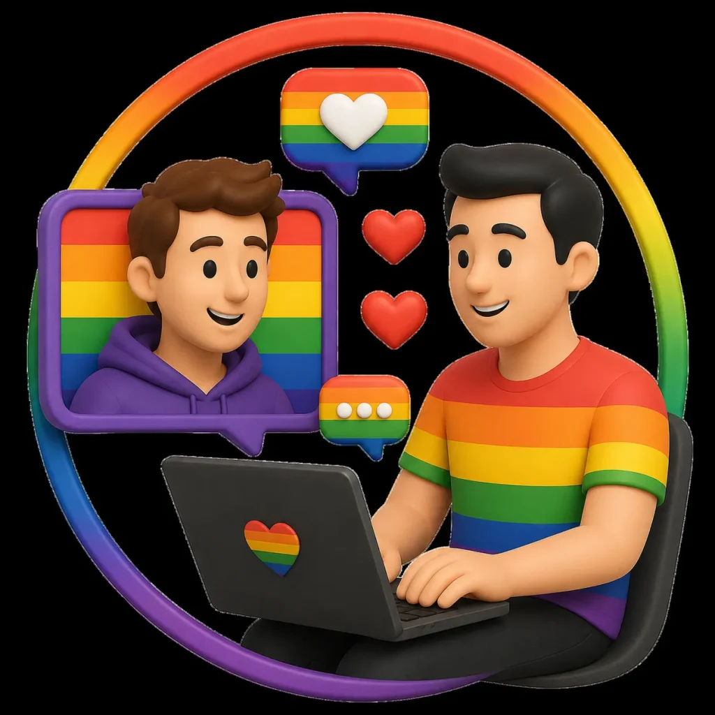 Gay cam video chat concept showing two men chatting online with rainbow hearts, laptop, and pride-colored chat bubbles