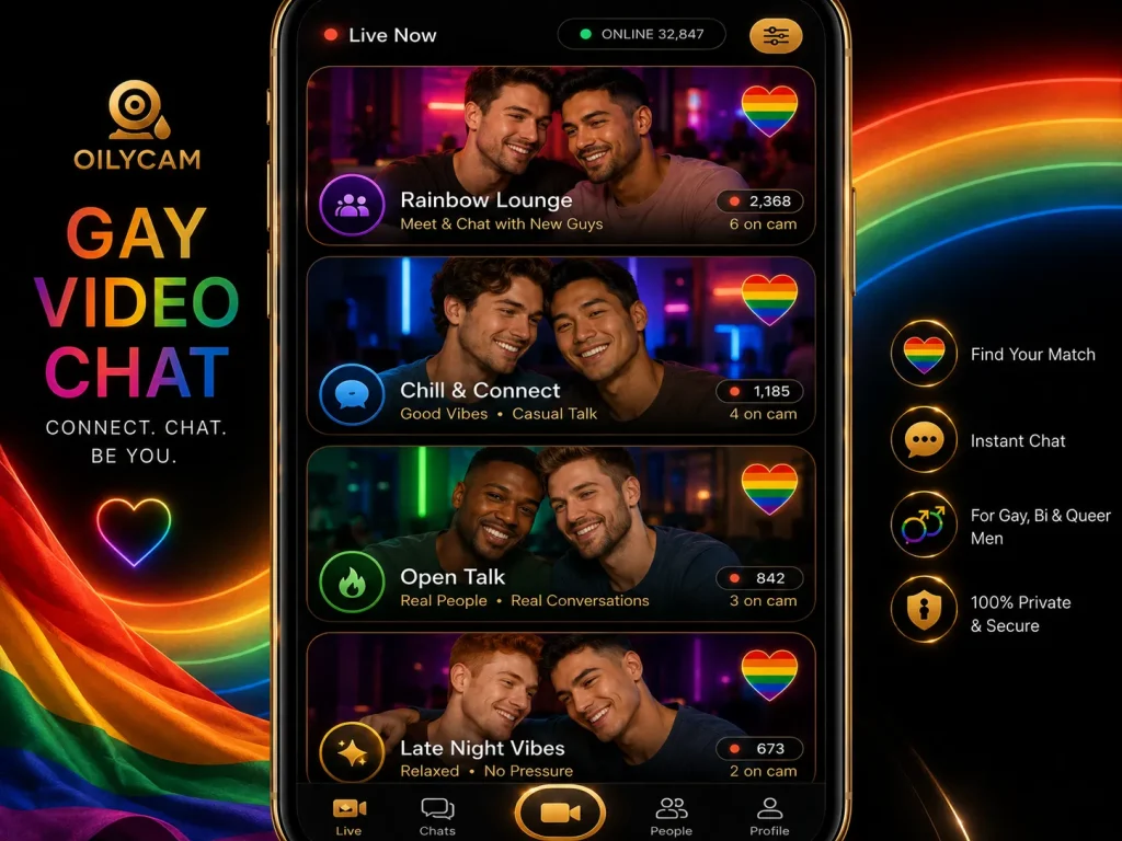 Gay video chat app interface showing different men in live chat rooms with rainbow accents and a premium mobile layout