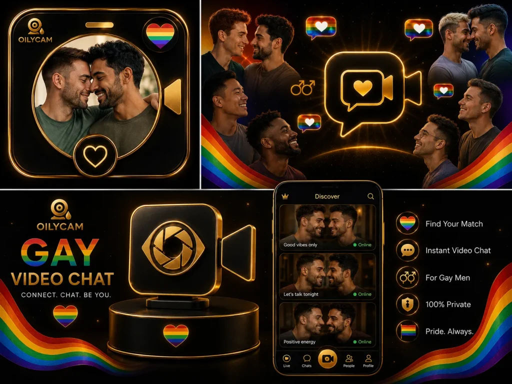 Gay video chat promo image with gay men, rainbow pride colors, video camera icons, and a black-and-gold OilyCam design
