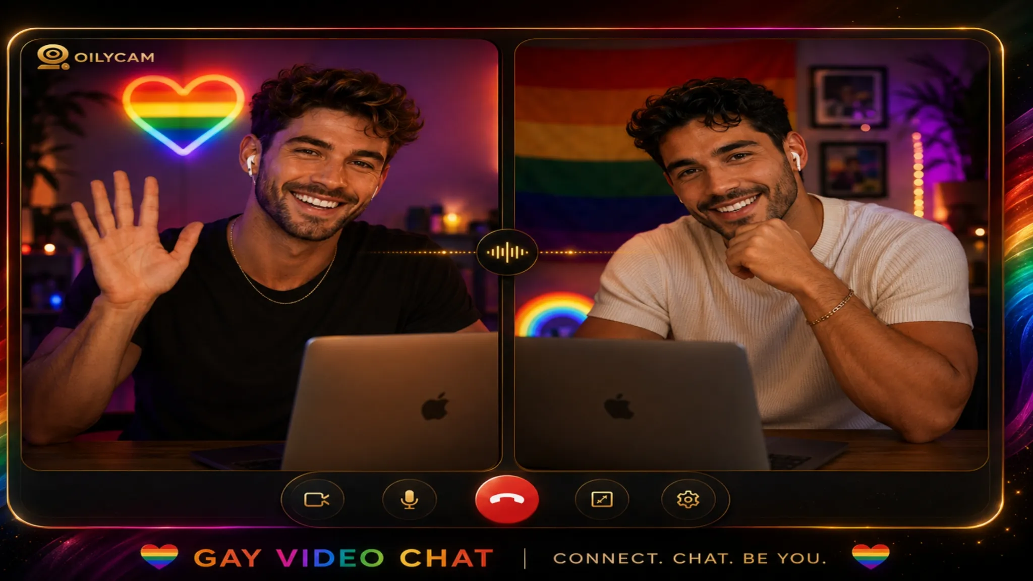 Gay video chat scene showing two men smiling on a split-screen video call with rainbow lighting and OilyCam-style gold accents