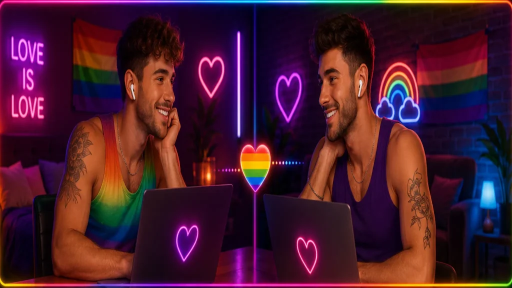 Gay zoom video chat scene showing two men connecting through laptops with rainbow lighting and pride-themed neon accents